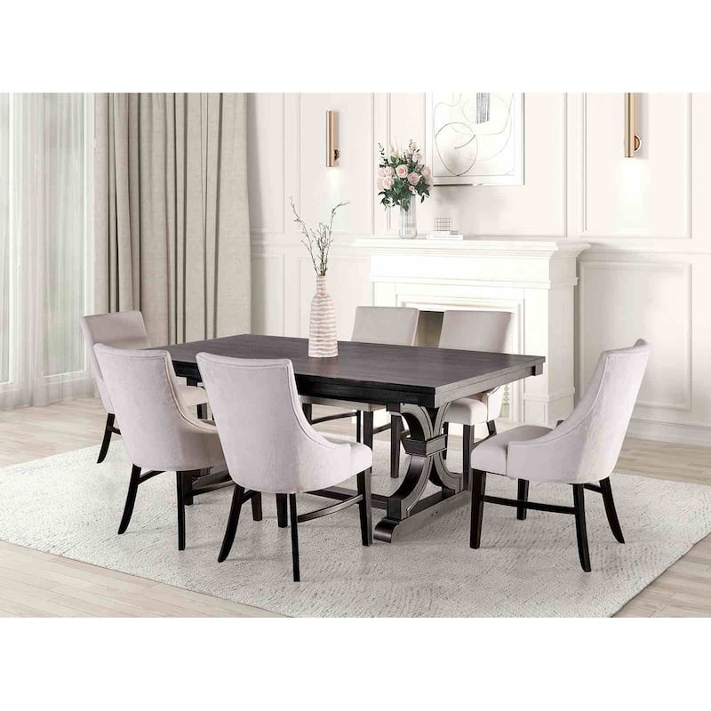 Transitional Black Finish 7pc Dining Set Table and Upholstered Chairs