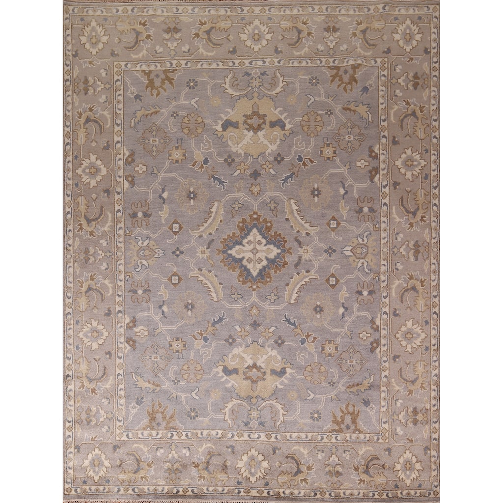 Floral Gray Oushak Indian Area Rug Hand-Knotted Wool Carpet - 8'1" x 9'11"