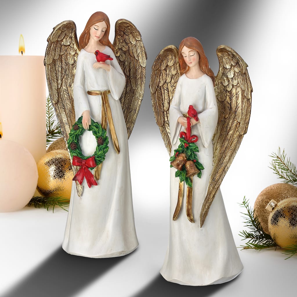 12" Resin Angel W/Cardinal Wreath/Bells Set of 2