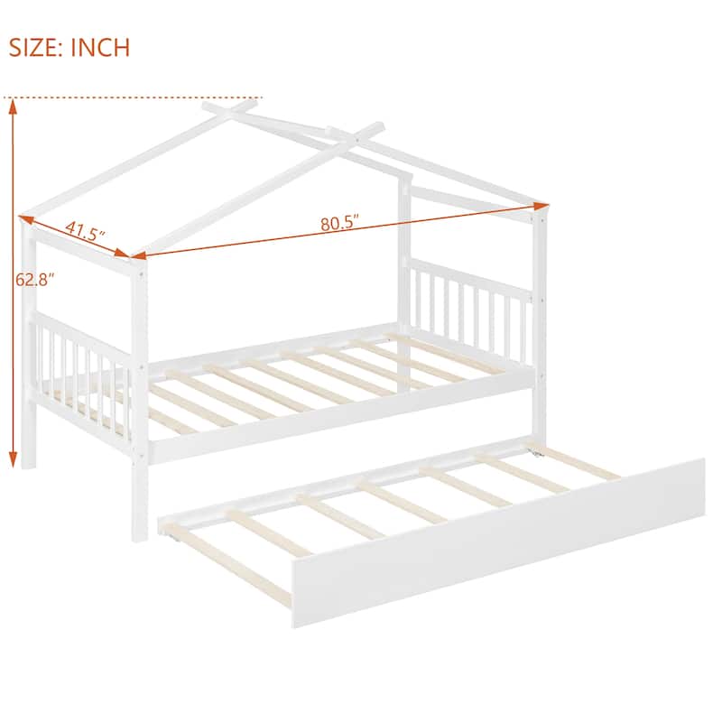 Twin Size Wooden House Bed with Pull-Out Trundle, White