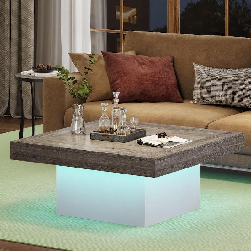 35.4” Square Rustic Wooden Coffee Table with LED Light for Living Room or Bedroom Furniture - 35.4”L x 35.4”W x 17.7”H - White-Grey