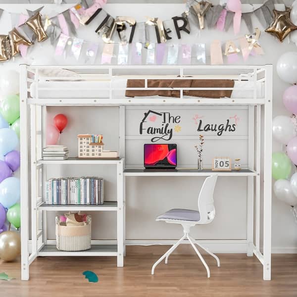 slide 2 of 24, Modern Twin Size Loft Bed With Desk And Whiteboard And 3 Shelves And Ladder for Bedroom