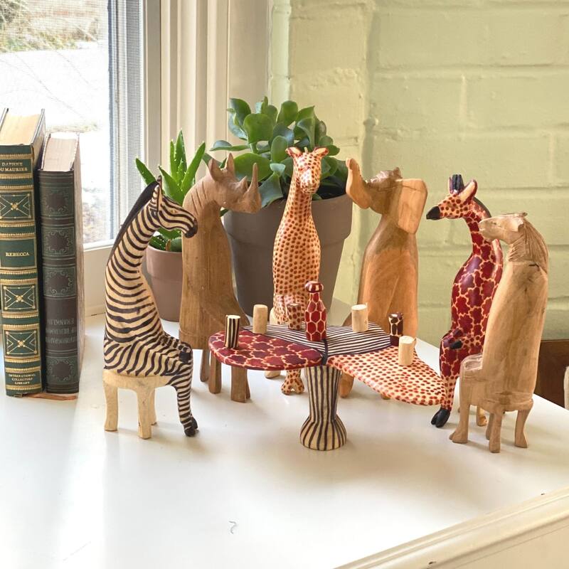 Hand-carved Mahogany Safari Party Animals, 13-Piece Set - Handpainted