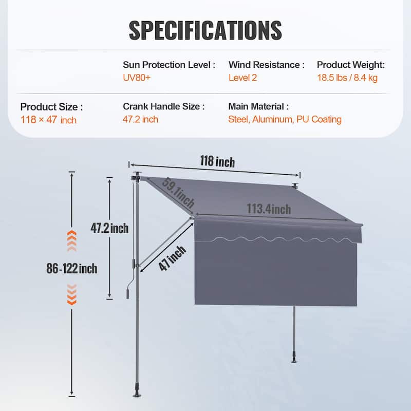 78" Manual Retractable Patio Awning with Sun Shade for Deck or Balcony