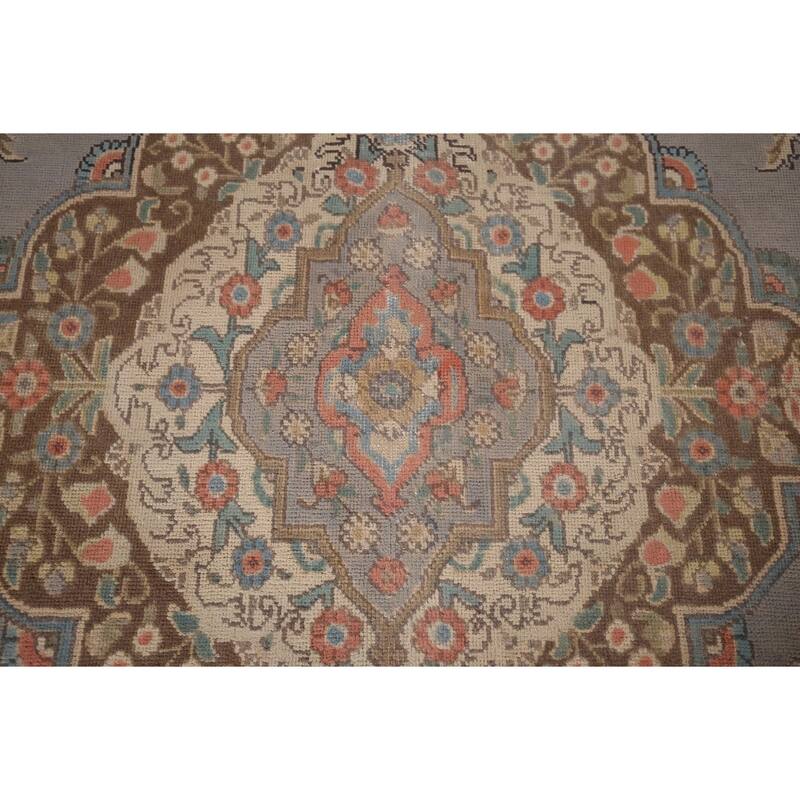 Traditional Gray Tabriz Persian Vintage Rug Hand-Knotted Wool Carpet - 9'6"x 12'11"