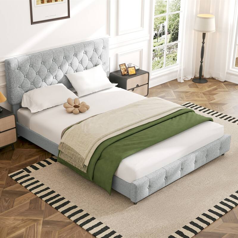 Linen Upholstered Headboard Bed Frame with Large Hidden Storage, 4 Underbed Drawers with Pulleys