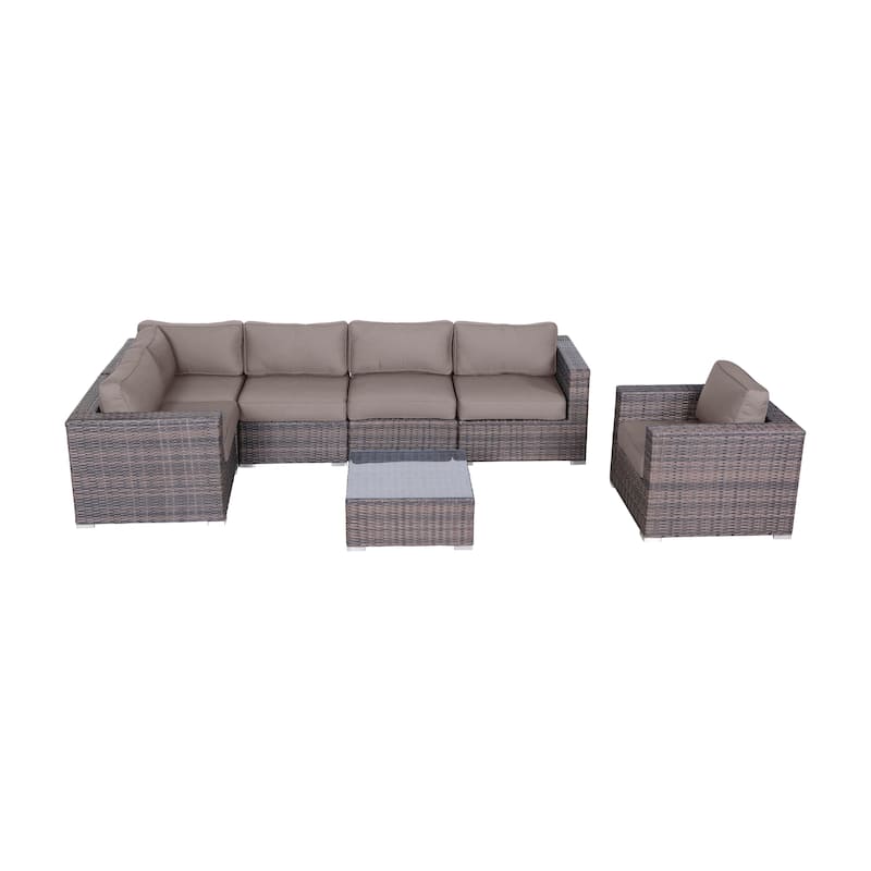LSI 7 Piece Rattan Sunbrella Sectional Seating Group with Cushions - Brown Frame - Taupe Cushion