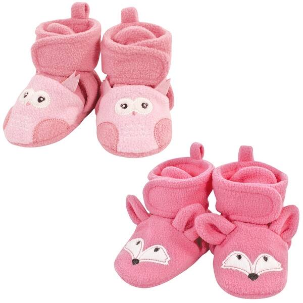 slide 1 of 1, Hudson Baby Infant Girl Animal Fleece Booties 2-Pack, Pink Owl Fox Pink Owl Fox - 0-6 Months