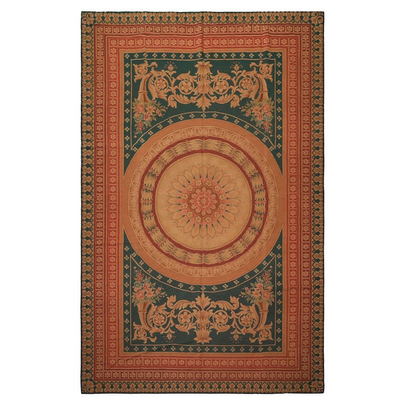 7'4''x11'7'' Hand Woven Wool Teal French Needlepoint Flatweave Area Rug - 7' 4'' x 11' 7''