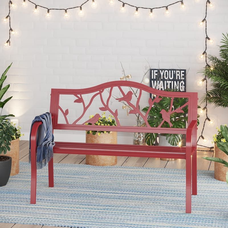 MAISON ARTS Patio Metal Park Bench Red, Steel Frame Bench with Backrest and Armrests