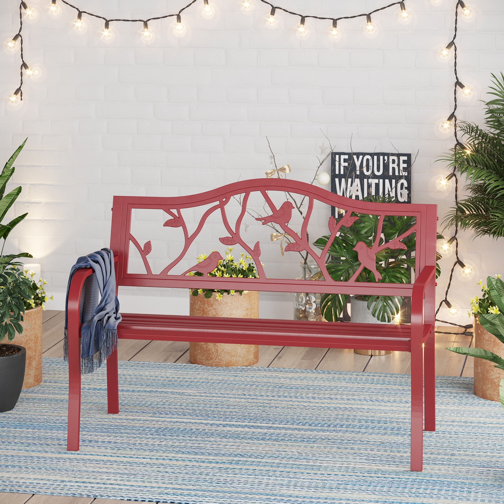 MAISON ARTS Patio Metal Park Bench Red, Steel Frame Bench with Backrest and Armrests