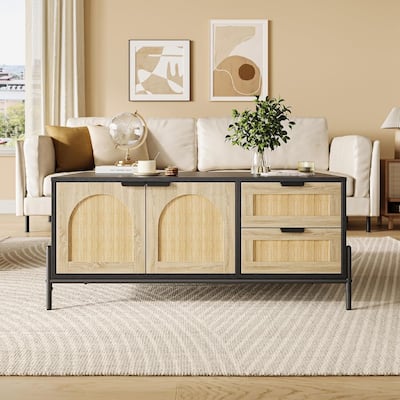 Rattan Coffee Table with LED Lights for Living Room