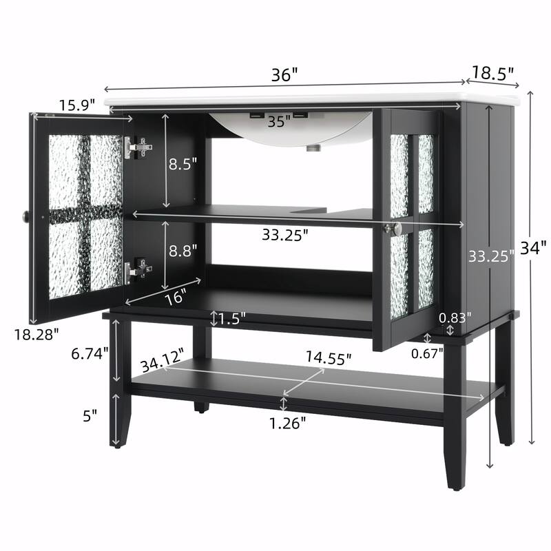 36" Bathroom Vanity with Ceramic Sink, Adjustable Shelf and Open Shelf, Solid Wood Legs, Waterproof Painted Finish