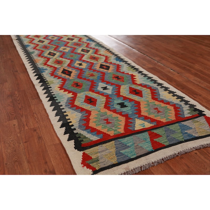 Hand Woven Oriental 100% Wool Carpet Southwestern All-Over Multi-Colored Kilim Runner Rug - 12' 7'' X 2' 8''