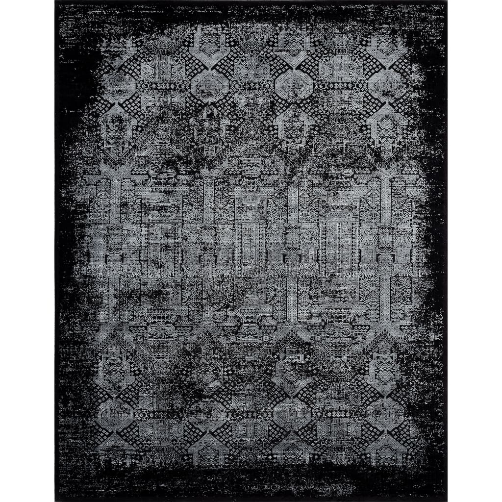 Updated Traditional Black Power Loom Viscose & Acrylic Area Rug