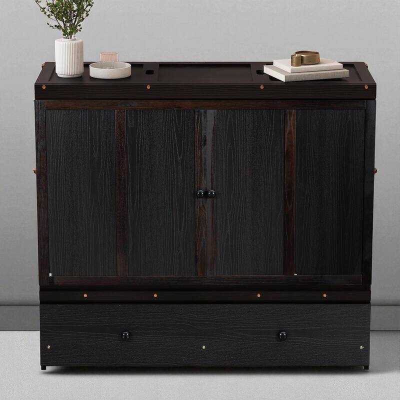 Full Size Murphy Bed Cabinet with USB Ports and Storage Drawer, Foldable Space-Saving Bed Frame - Espresso - Full