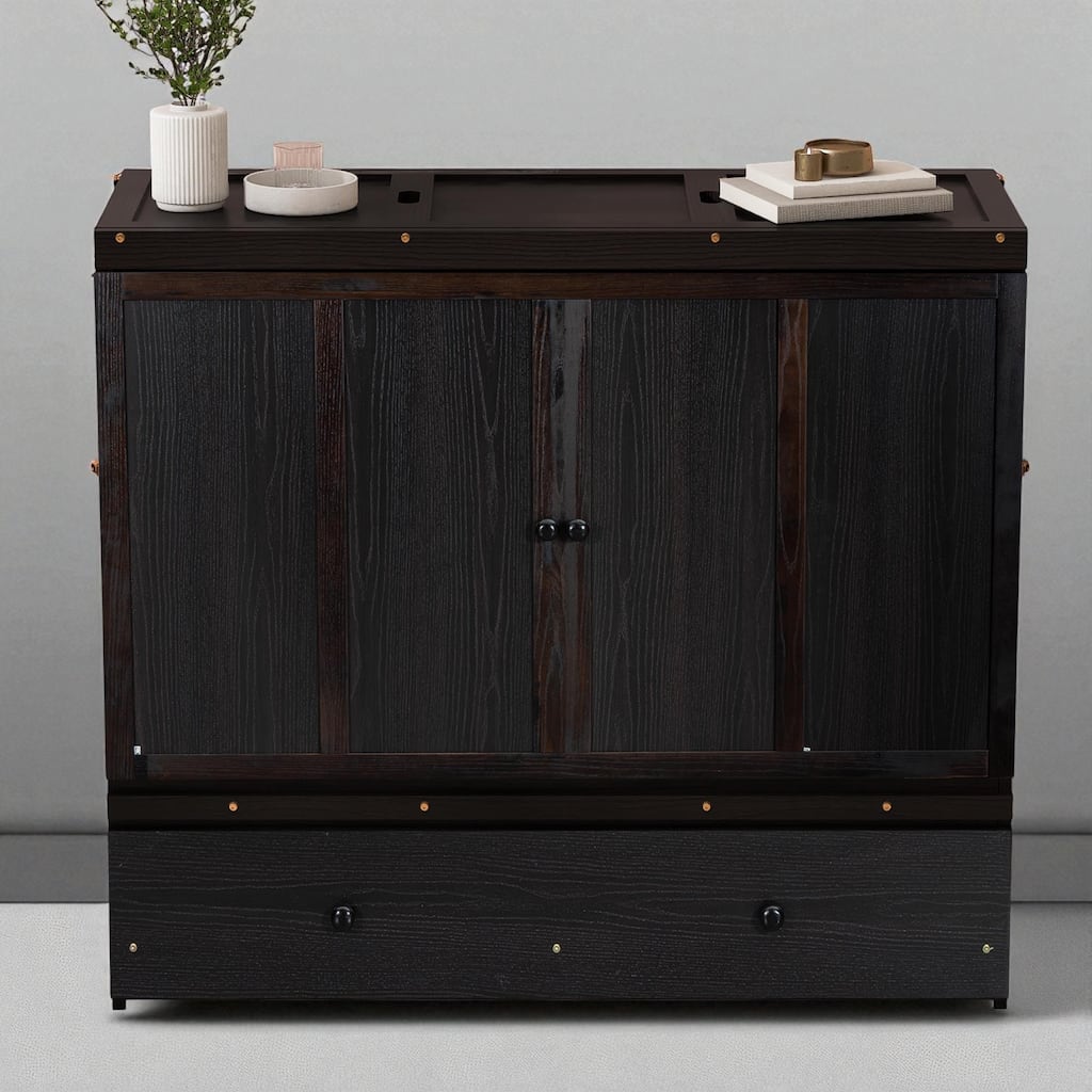 Full Size Murphy Bed Cabinet with USB Ports and Storage Drawer, Foldable Space-Saving Bed Frame