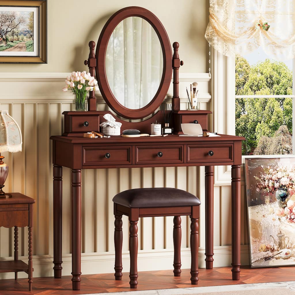 Roomfitters Vintage Vanity Desk with Adjustable Mirror, Makeup Table and Cushioned Stool Set