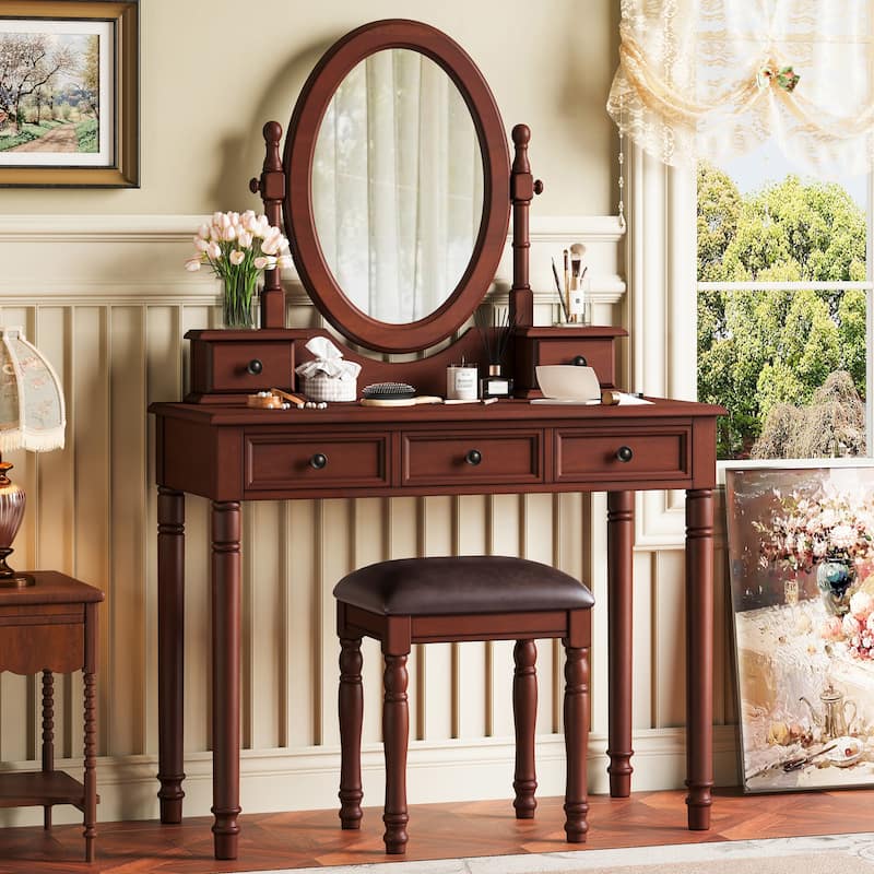 Vanity Desk with Adjustable Angle Mirror,Vanity Makeup Table and Cushioned Stool Set with Velvet Fabric Lining 5 Drawers - Walnut