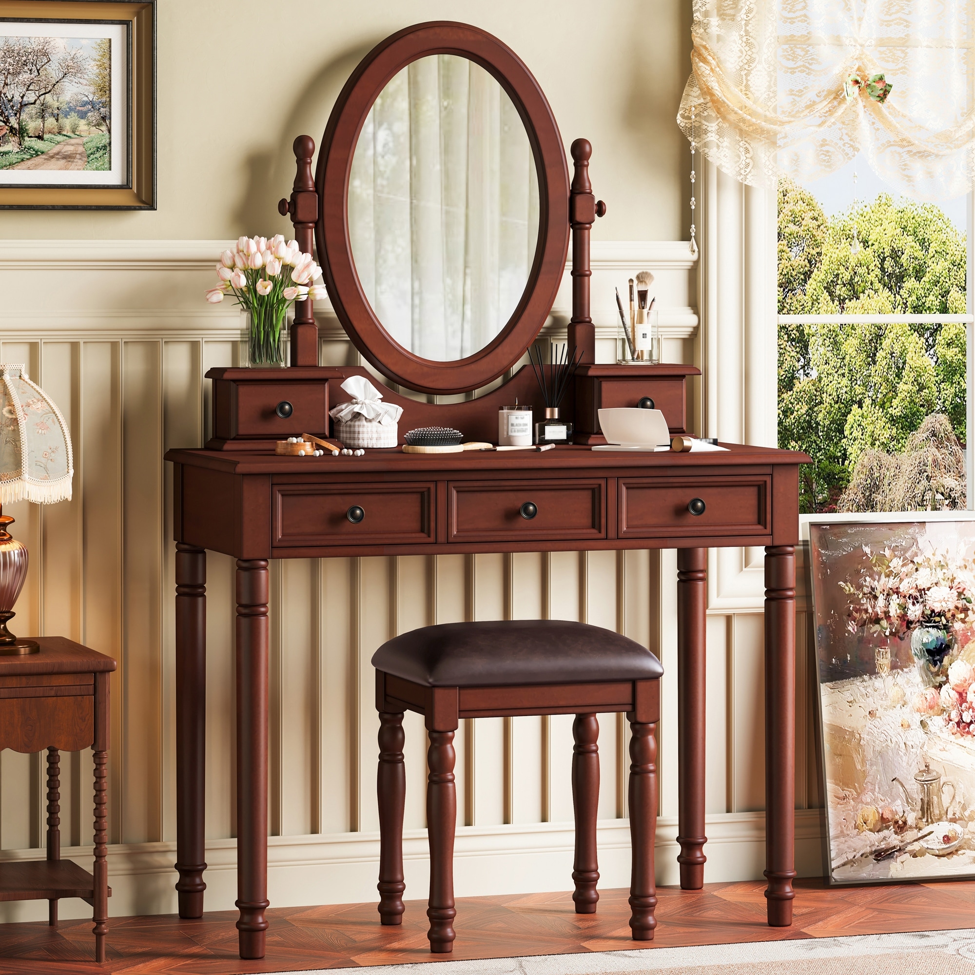 Vanity Desk with Adjustable Angle Mirror & 5 Drawers, Dressing Table Set with Stool, Wooden Vanity Makeup Table