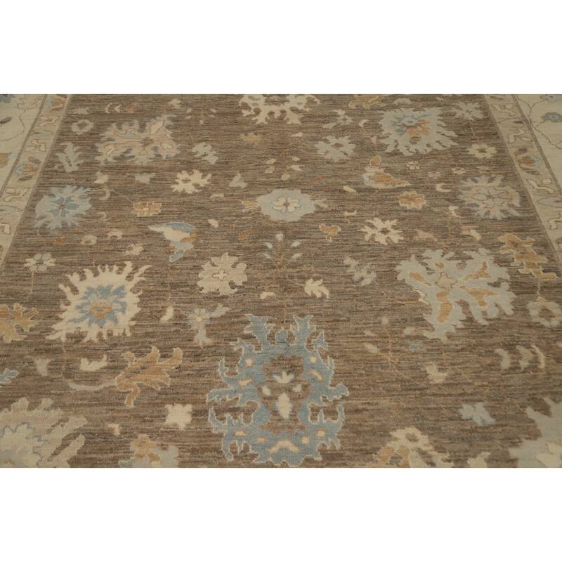 Hand Knotted Oriental 100% Wool Carpet Transitional All-Over Brown Oushak Area Rug - 9' 7'' X 8' 1''