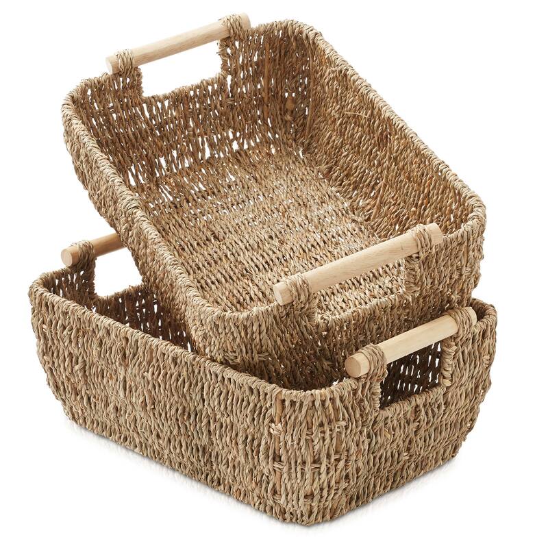 Hyacinth Seagrass Oval Storage Baskets with Wooden Handles Woven Bins - Natural - Seagrass - Medium