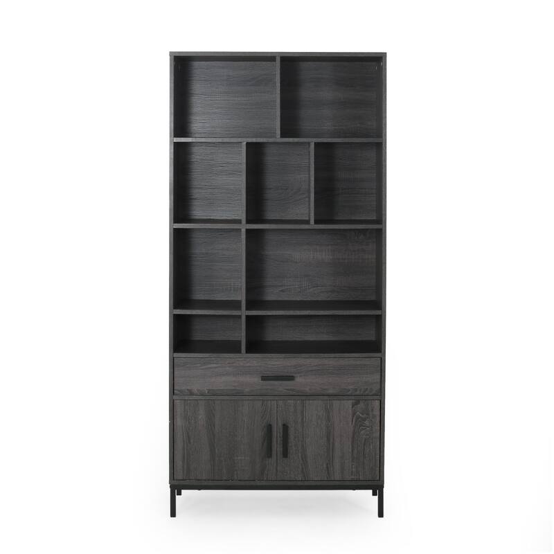 Eby Cube Bookcase, 9 Storage Spaces, Drawer, Cabinet 67 Inch Dark Gray