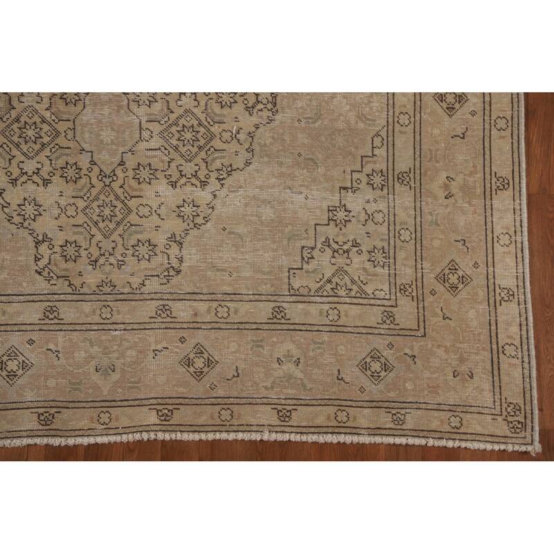 Distressed Tabriz Persian Vintage Rug Handmade Beige Wool Carpet - 6'5" x 9'5"
