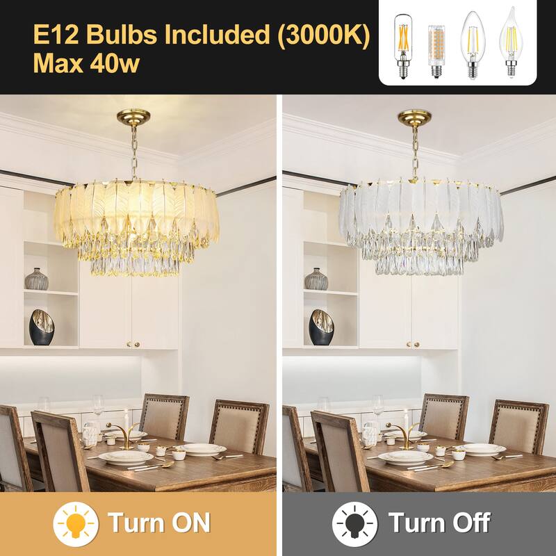 Modern Luxury Crystal Chandeliers, Adjustable Round Feather Crystal Pendant Light for Living Room, Bulbs Included