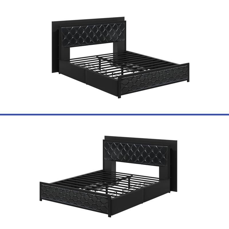 Moasis Queen Bed Frame with Headboard & 4 Storage Drawers, Modern Upholstered Faux Leather Platform Bed