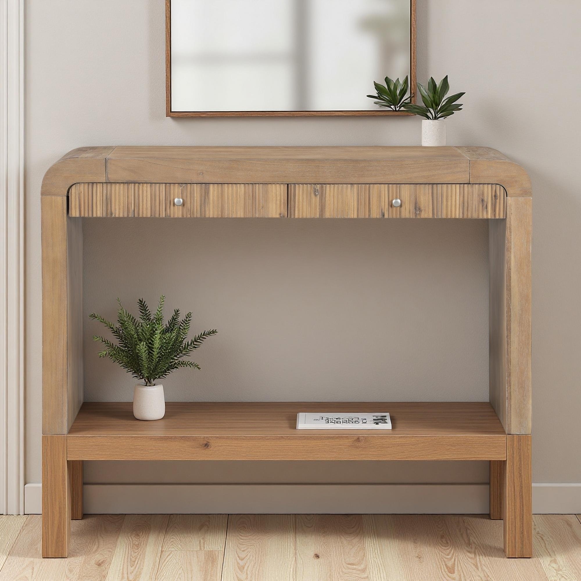 54.3" MDF + Acacia Veneer Console Table with Fluted Drawer Front - Rustic Entryway Table with Thick Legs & Curved Corners
