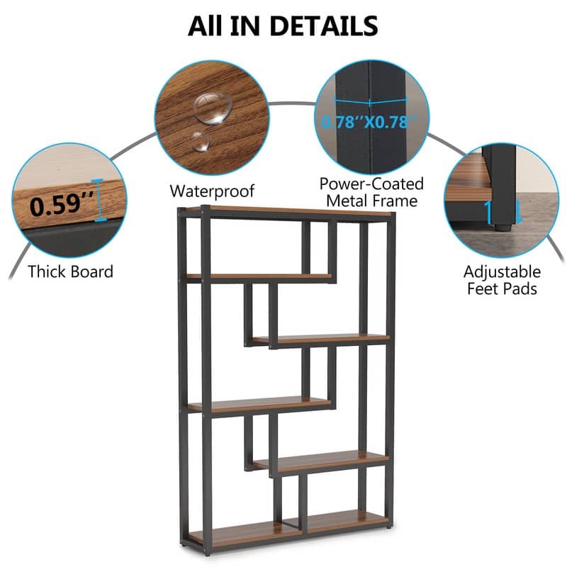 6-Tier Etagere Bookcase, Modern Industrial Staggered Bookshelf