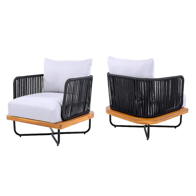 Christopher Knight Home - Emerson Coastal Acacia Wood Outdoor Chair with Cushions - 2-Piece - Teak finsh+Grey cushion+Black rope