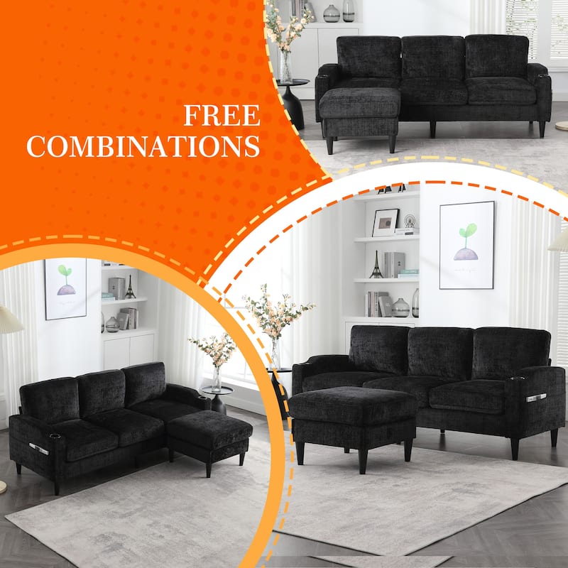 HOMEFUN Chenille Upholstered L-Shaped Living Room Sofa with Storage Ottoman