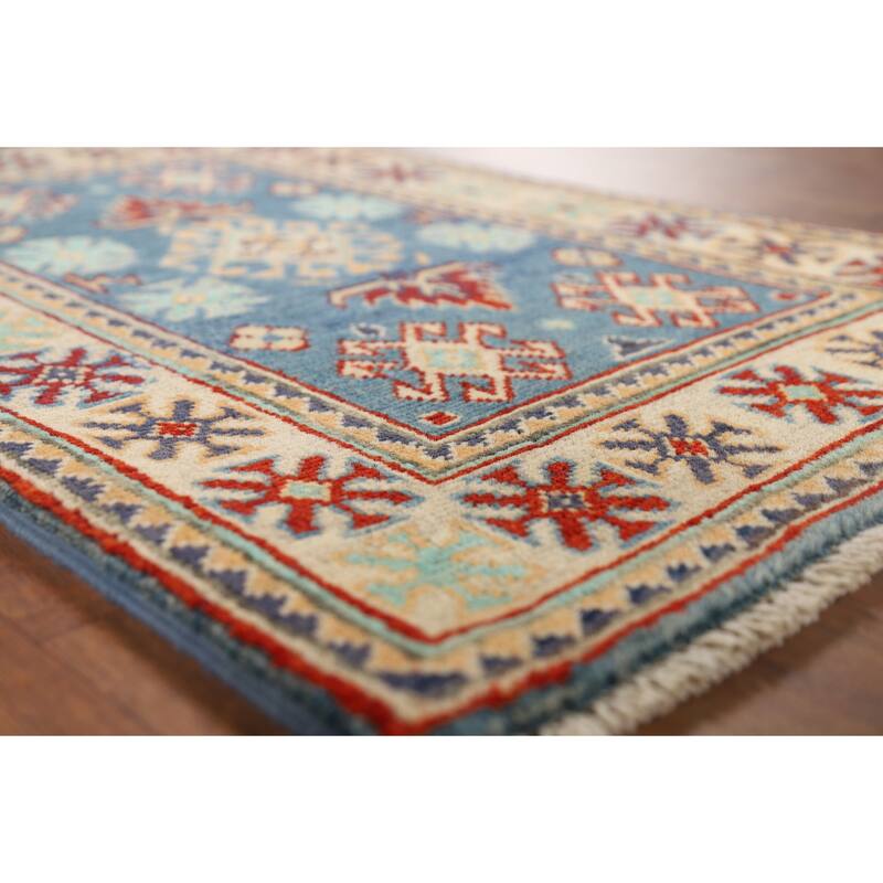 Blue Kazak Oriental Accent Rug Hand-Knotted Wool Carpet - 1'11" x 2'11"