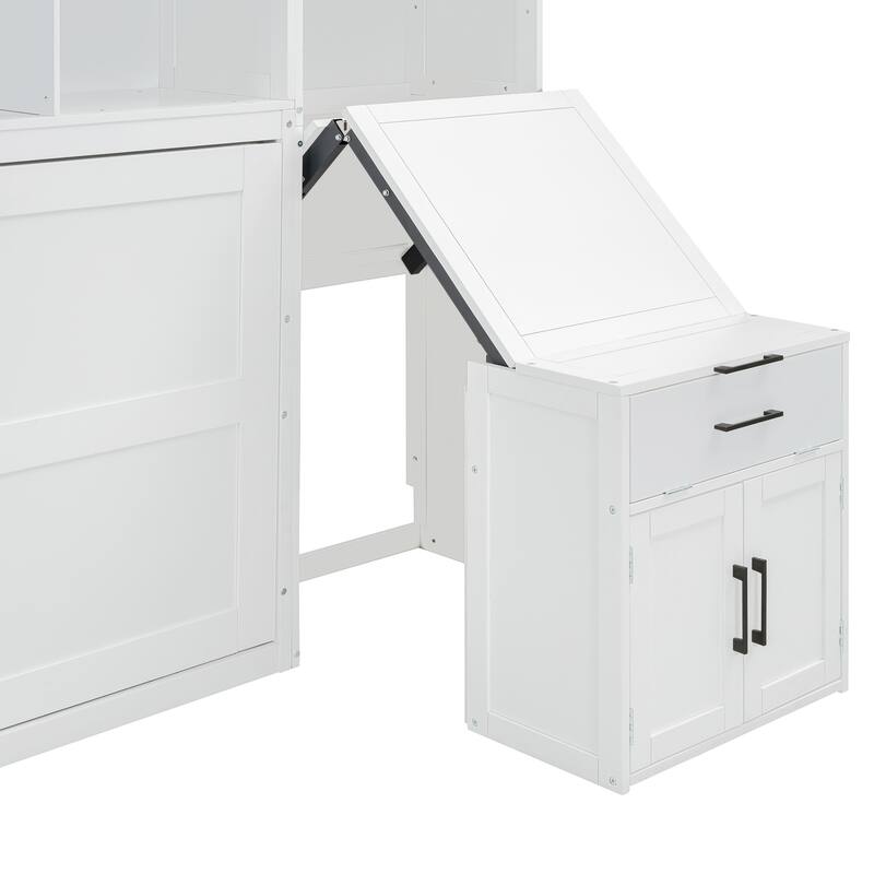 Space-Saving Twin Murphy Bed with Closet, Drawers & Desk in White/Gray