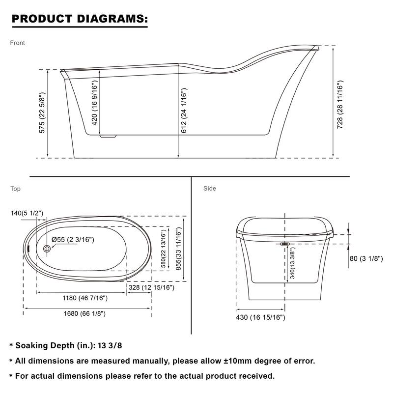 66'' W,63 GALLONS Freestanding Acrylic Soaking Bathtub With Drain And Overflow Holes