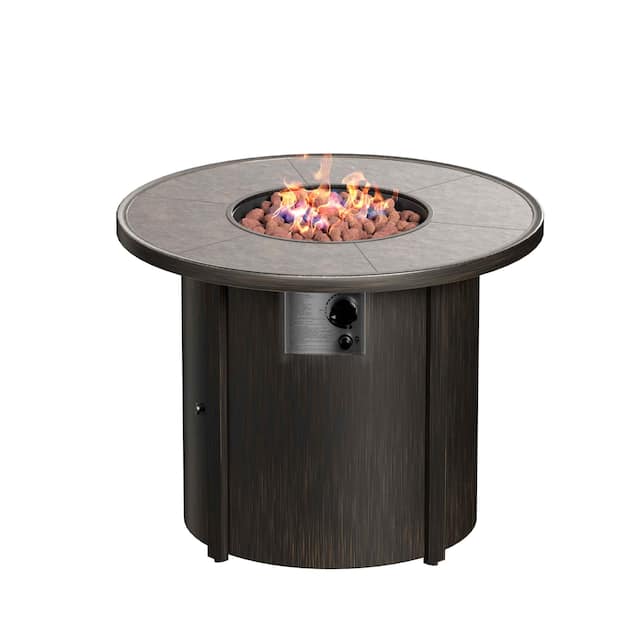 Ashland Round Steel Propane Fire Pit Table with Cover - Brown