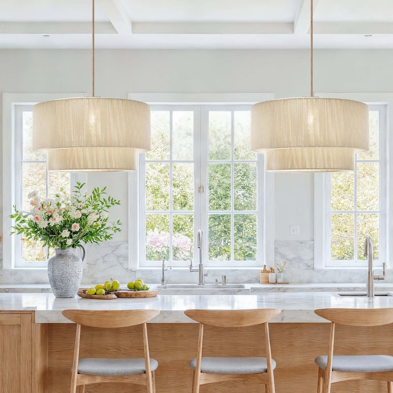 Elaine Rattan Pendant Light - Ivory White Large Drum 1-Light Handwoven Light Fixture For Modern, Boho, Farmhouse Room Decor