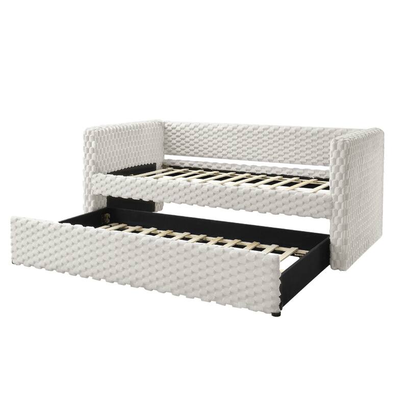 Lya Daybed w Pull Out Trundle, Textured Tufted White Dove Upholstery