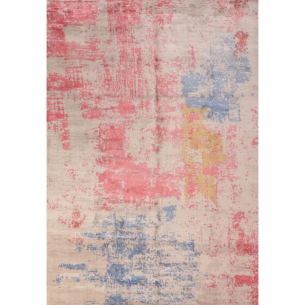 Contemporary Abstract Indian Area Rug Hand-Knotted Wool Carpet - 6'8" x 10'0"