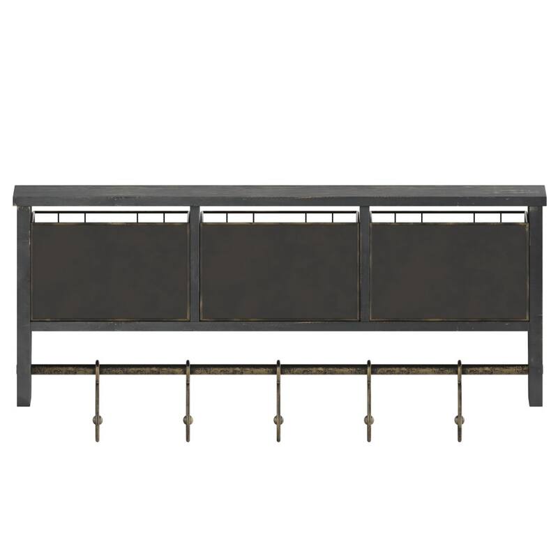 Wall Mounted Storage Rack with Upper Shelf, Wire Baskets, and Hooks