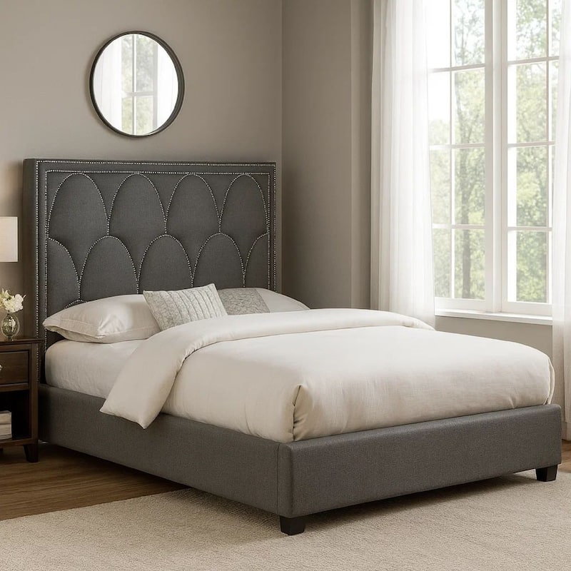 Bima Foam King Panel Bed, Nailheads on Scallop Headboard, Gray Upholstery