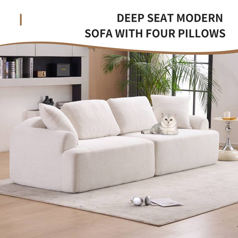 4-seater Beige Compression Sofa with 4 Pillows, Crochet Yarn Fabric, Full Sponge, for Home Living
