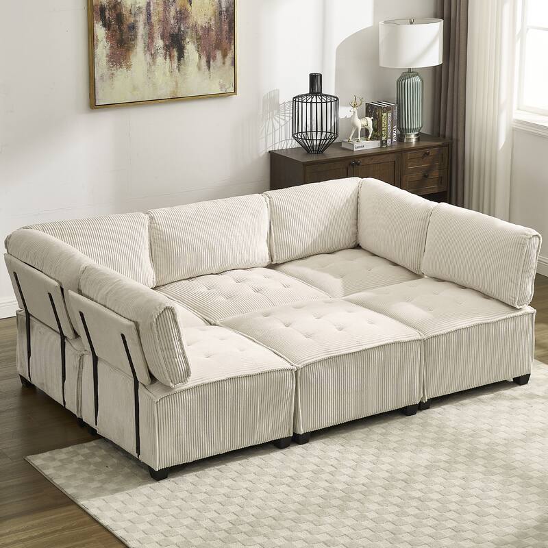 121.26" Corduroy Modular Sectional Sofa 6- Seat U Shaped Couch with Reversible Chaise and Ottoman