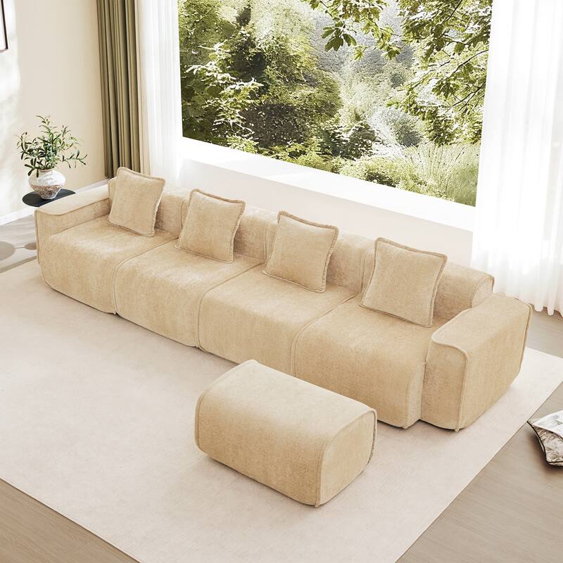 GDFStudio - Velvet Streamlined Modular 4-Seater 138.58" L-Shaped Sectional Sofa with Ottoman - Light Camel