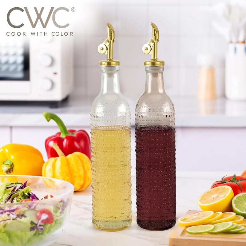 COOK WITH COLOR Glass Olive Oil Bottle Dispenser - 2 Pack- 17oz Oil and Vinegar Carafe Decanter