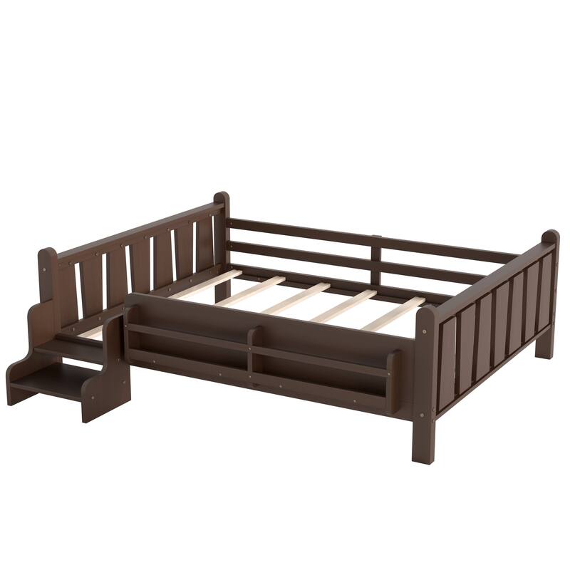 Full/Twin Floor Bed with Storage Bookcases & Cute Stairs - Solid Wood Kids Bed, No Box Spring