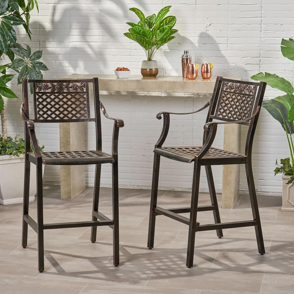 Roomfitters 2-Piece Outdoor Metal Bar Stools, Antique Bronze Cast Aluminum Patio High Dining Chairs with Floral Lattice, Black