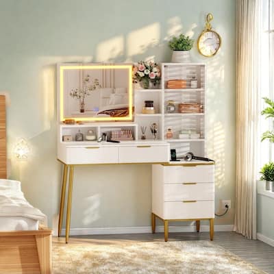Makeup Vanity Desk with Lighted Mirror, 5 Drawers, Storage Shelves, Power Outlets